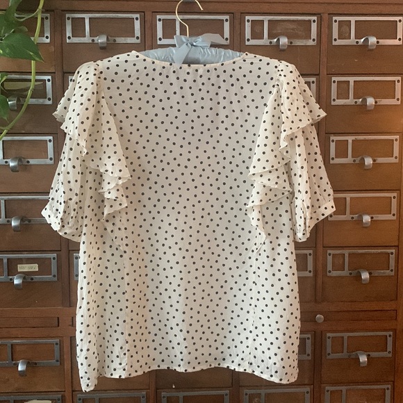 Madewell Silk V-Neck Shoulder-Ruffle Top in Inkbrush Dots Size Medium - Picture 6 of 11